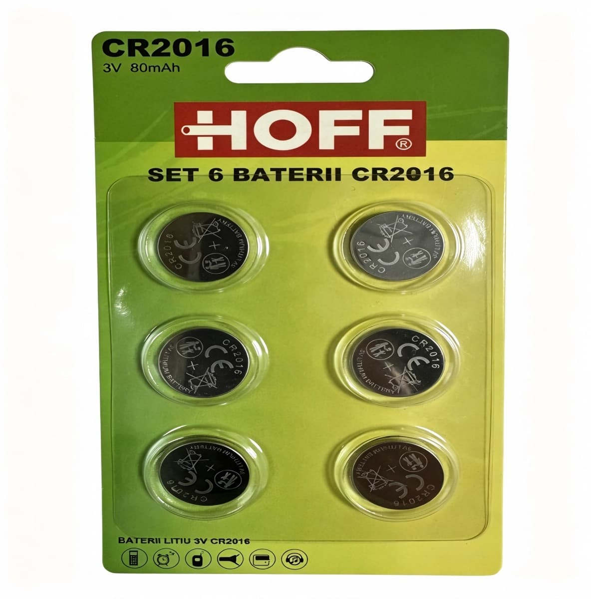 Baterie litiu Hoff CR2016 3V, 80 mAh, set 6 bucăți