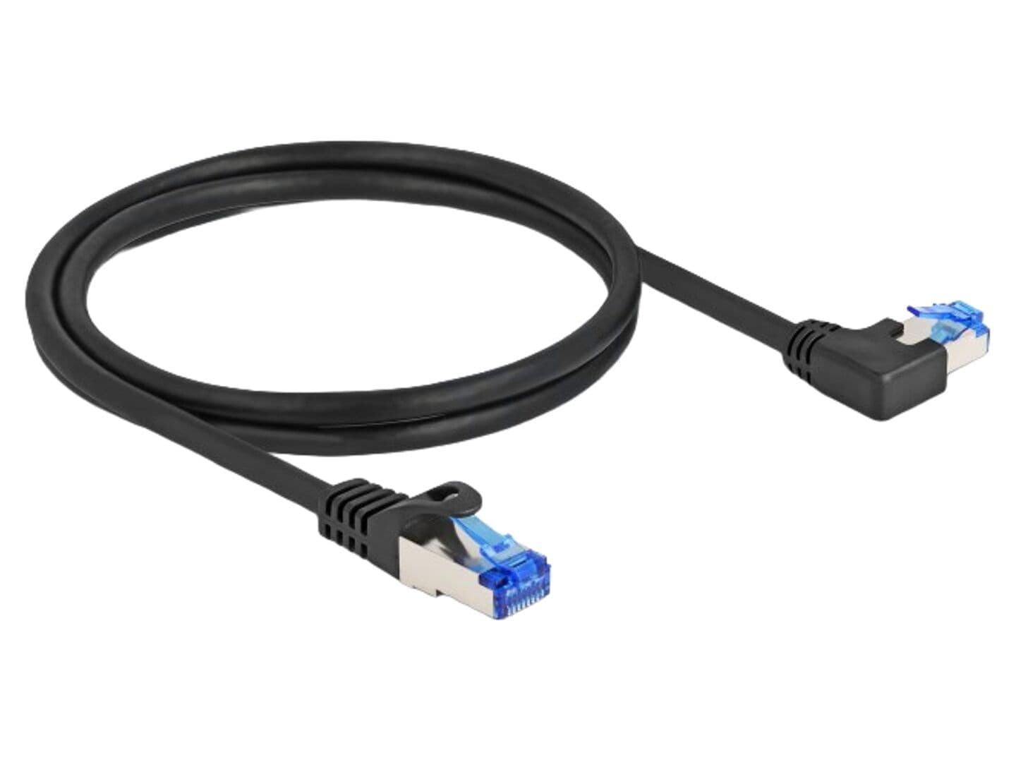 Patch cord S/FTP Cat 6a RJ45, 1 m, negru, mufă în unghi stânga