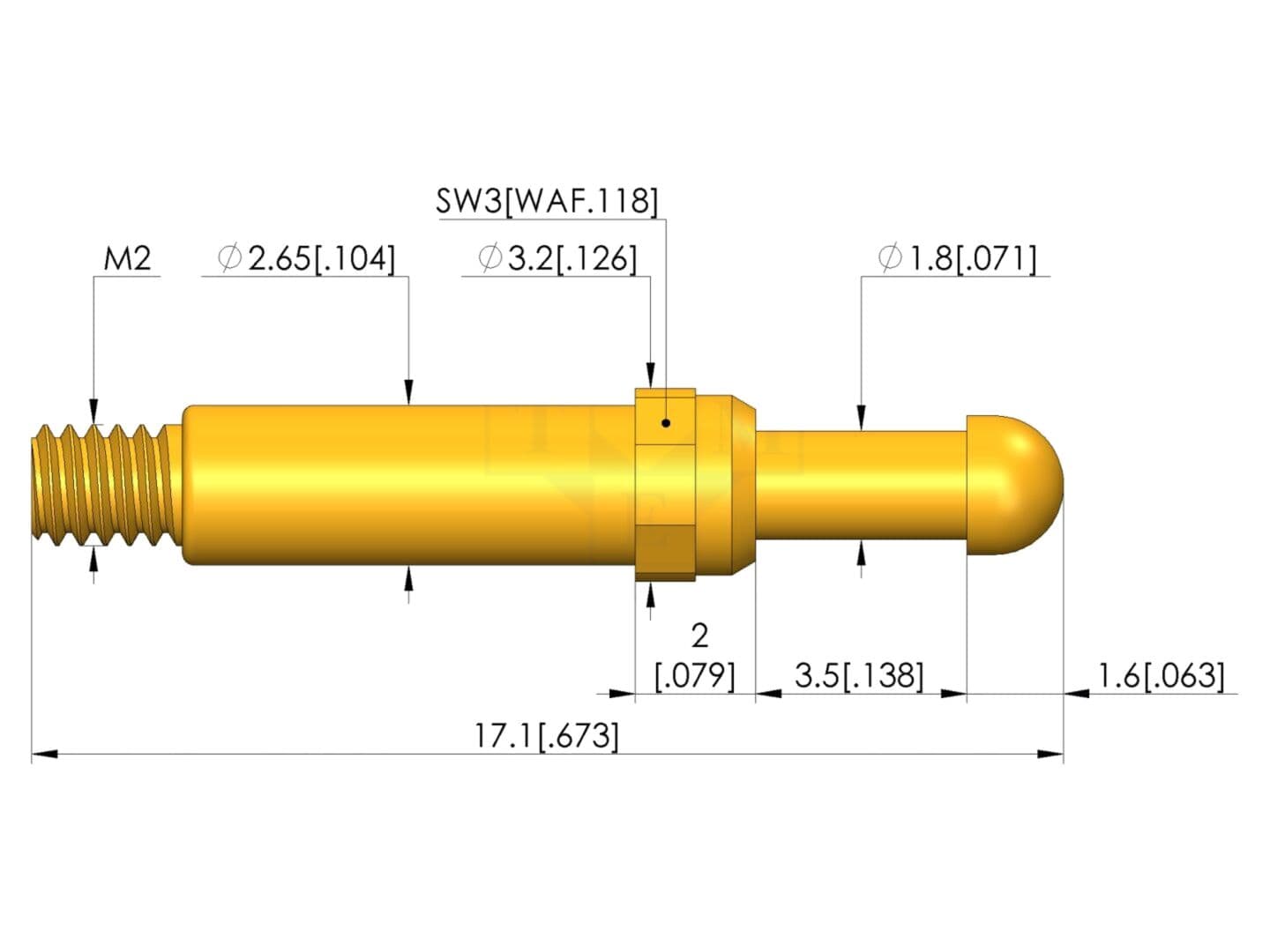 Ac de testare 8A, aurit, vârf 2,3 mm, -40...80°C